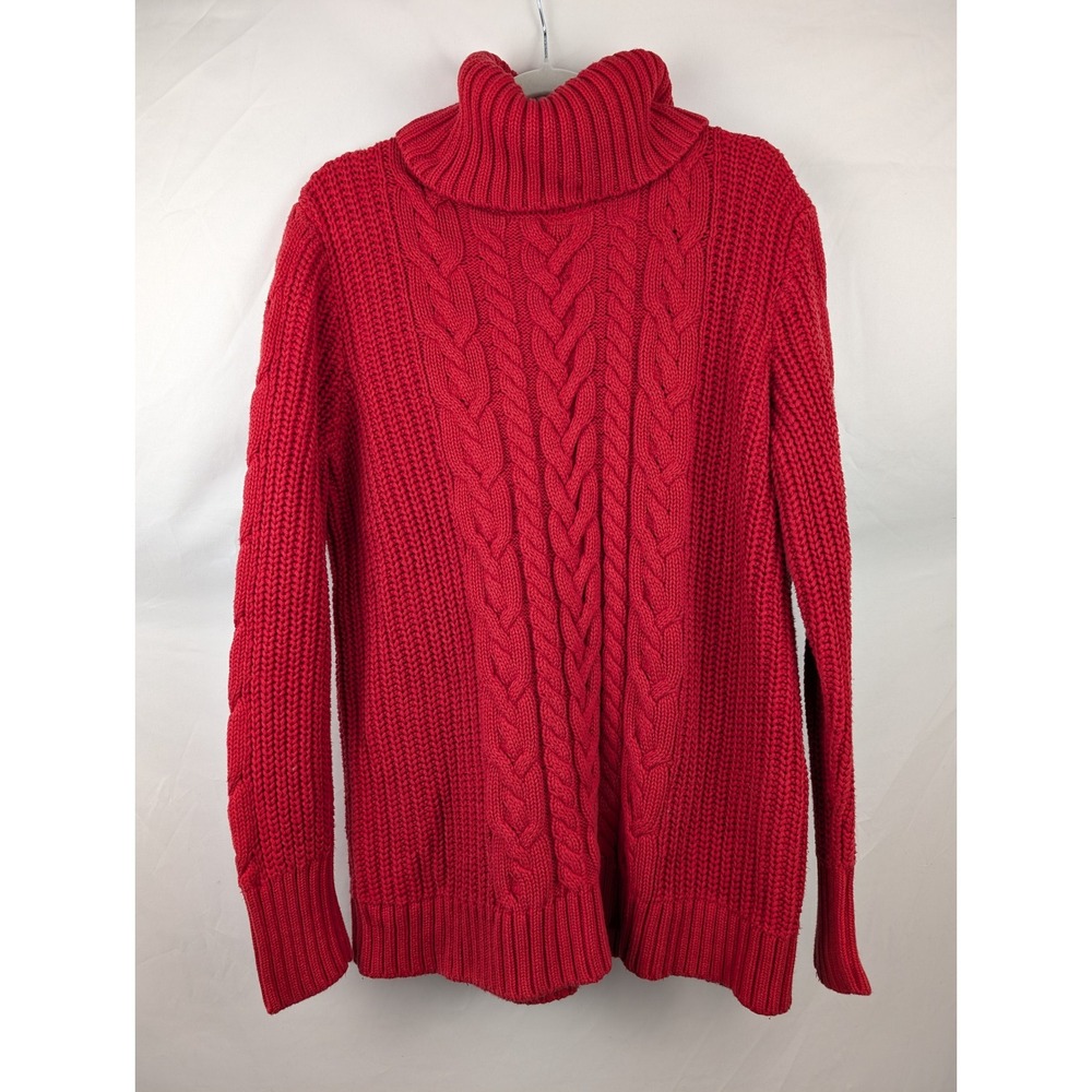 Chunky Cable Knit Heavyweight Turtleneck Sweater Red Sz XL Cottagecore Fisherman - Picture 2 of 10
